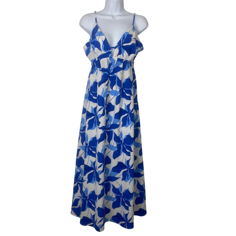 A New Day‎ Maxi Dress Women Small Blue White Floral Recycled Polyester Pockets